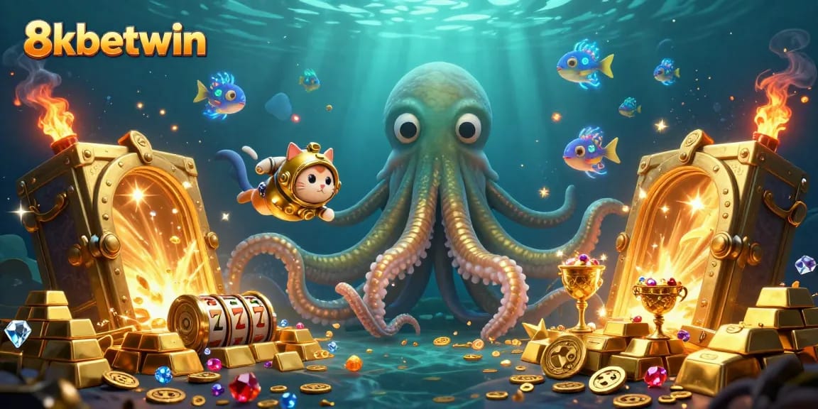 Engage with 8kbetwin's vibrant gaming scene featuring a kraken, diving cat, and treasures.