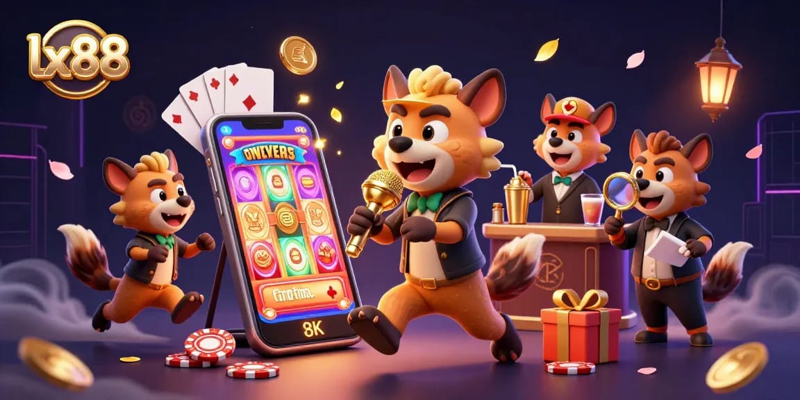 Experience the thrill of gaming at lx88 with cartoon hyenas in a vibrant casino scene.