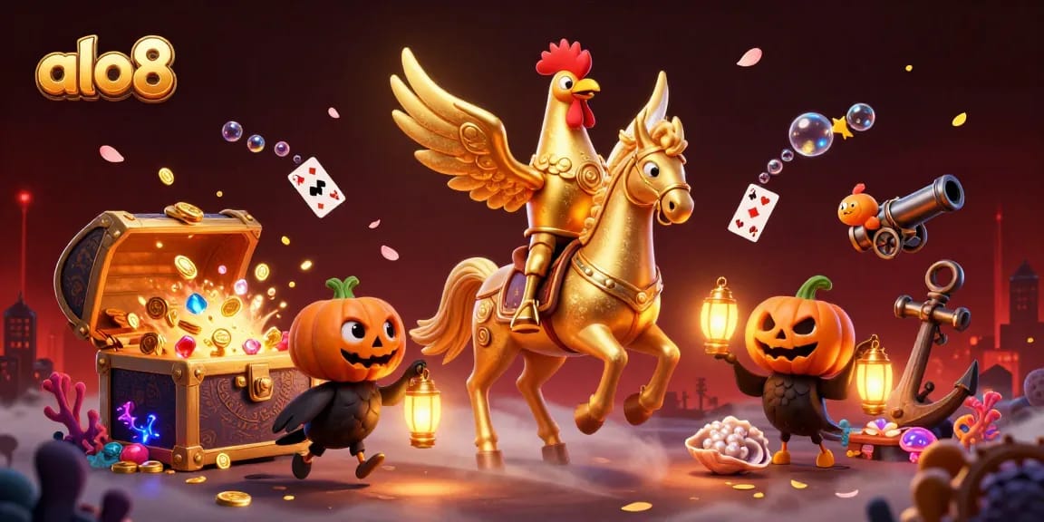 Play and win on alo8 with a golden rooster character riding through a vibrant casino scene.