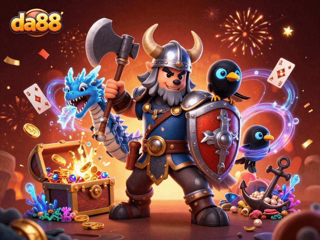 Experience winning at da88 with a thrilling 3D illustration showcasing a Viking warrior and dragon.