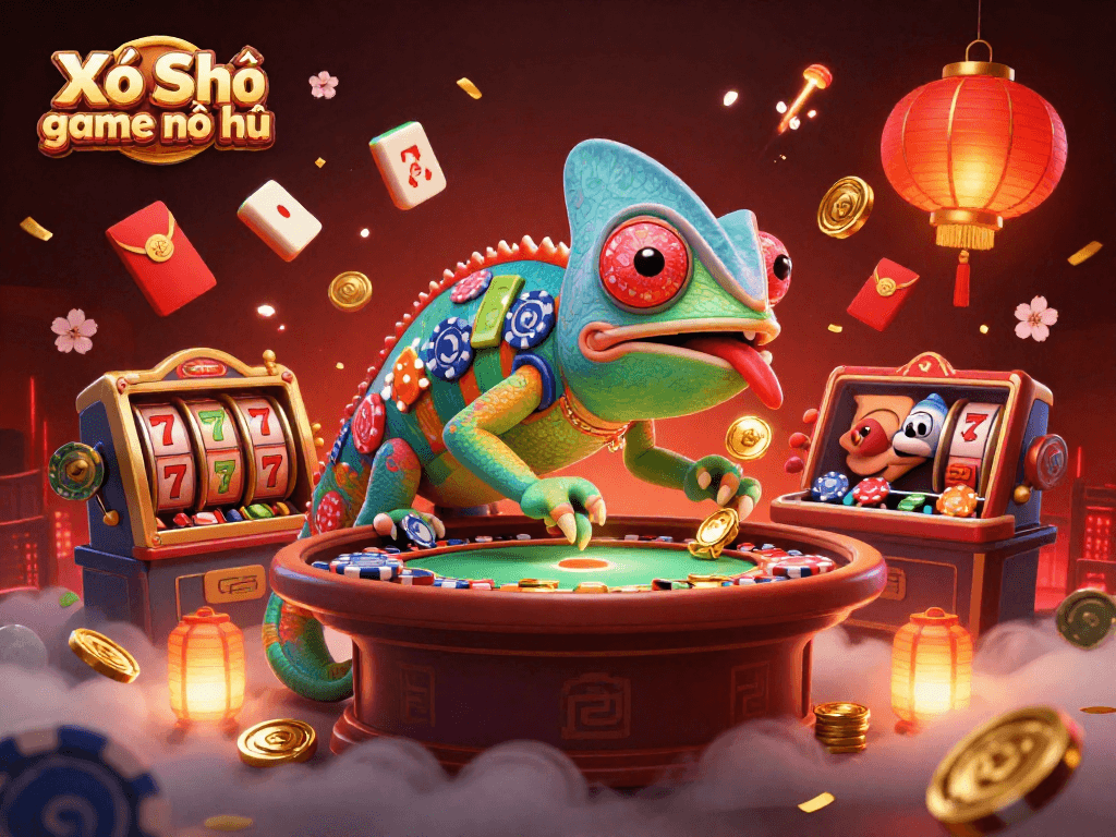 Xổ Số game nổ hũ gameplay scene with a vibrant chameleon casino owner, slot reels, and festive elements