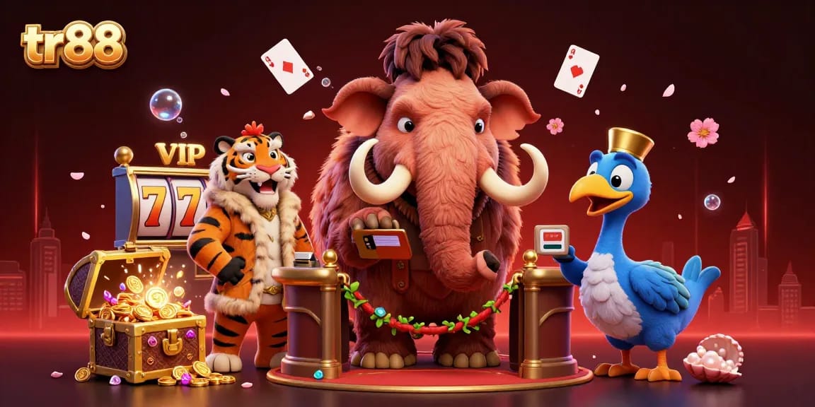 Experience the thrill of tr88 with a lavish casino scene featuring a woolly mammoth bouncer and a saber-tooth tiger guest.
