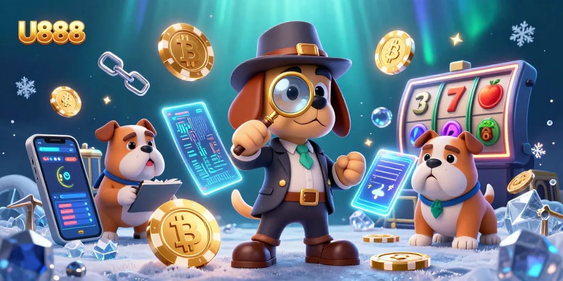 Play with U888 as a detective explores amazing chances with poker and crypto elements in a dynamic casino scene.