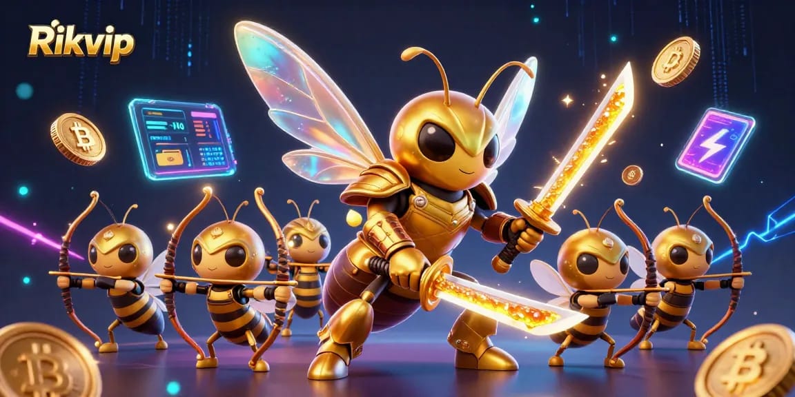 Engage in thrilling gameplay with Rikvip's immersive casino visuals featuring vibrant characters and cryptocurrencies.
