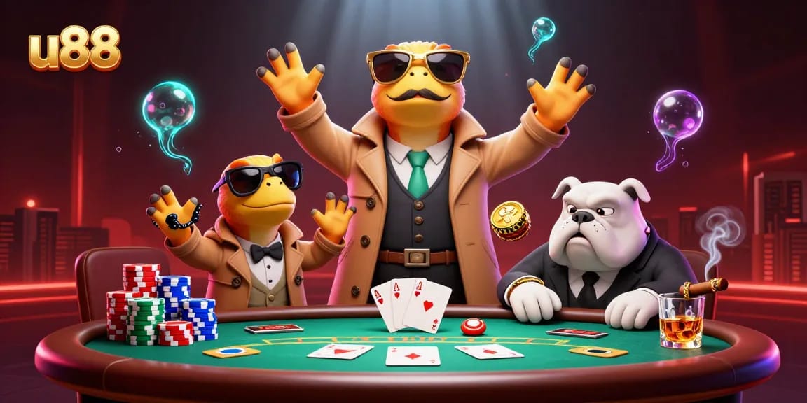 Raptors in trench coat entering VIP lounge at U88 casino, poker elements scattered.