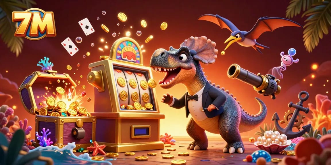 Experience the excitement of 7M with a pachycephalosaurus jackpot scene filled with coins.
