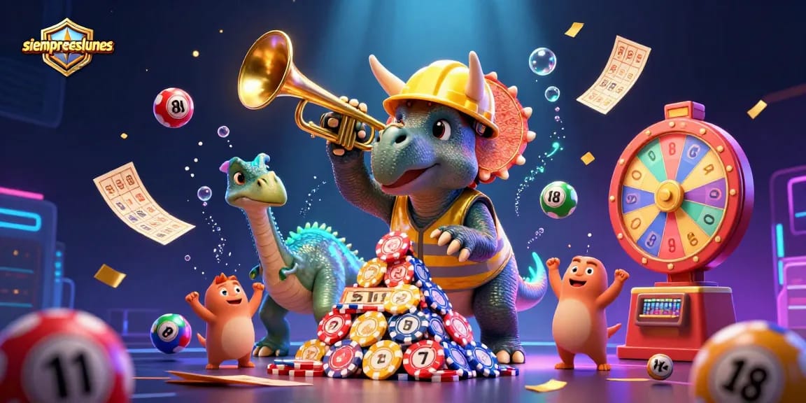Experience the thrilling world of siempreeslunes as a triceratops builds poker chips amid a playful celebration.