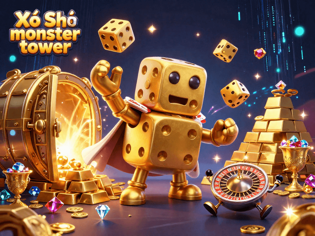 Xổ Số monster tower: Experience thrilling gameplay with a golden dice golem amidst a treasure-filled casino scene.
