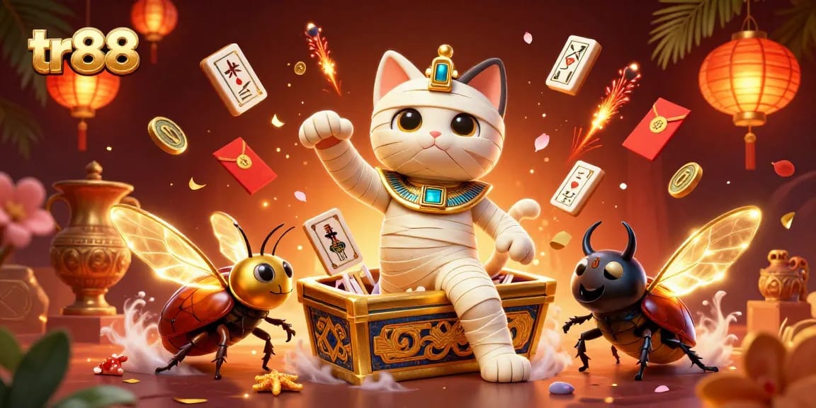 Experience the thrill of tr88 with a vibrant casino scene featuring a mummy cat and glowing elements.