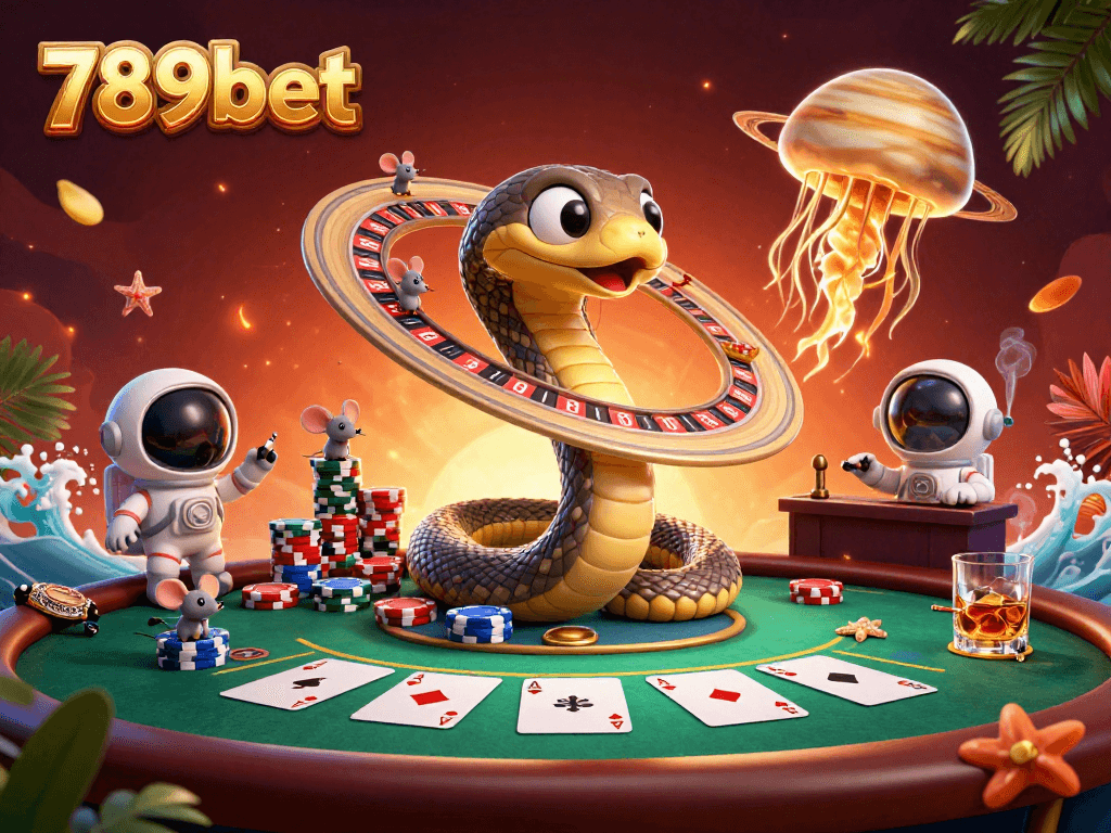 Experience the thrill of betting at 789bet with astronaut mice and a cosmic dealer in a vibrant casino scene.