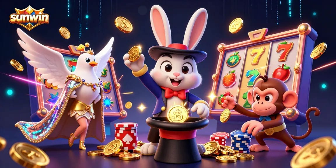 Experience the thrilling excitement of sunwin casino with a 3D magician rabbit, dove, and monkey amidst vibrant slot symbols.