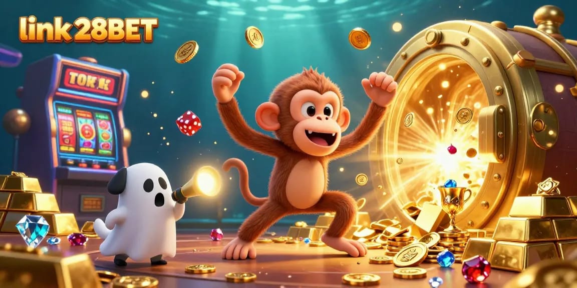 Engage with link 28BET in this lively 3D casino scene featuring a mischievous monkey and a curious puppy.