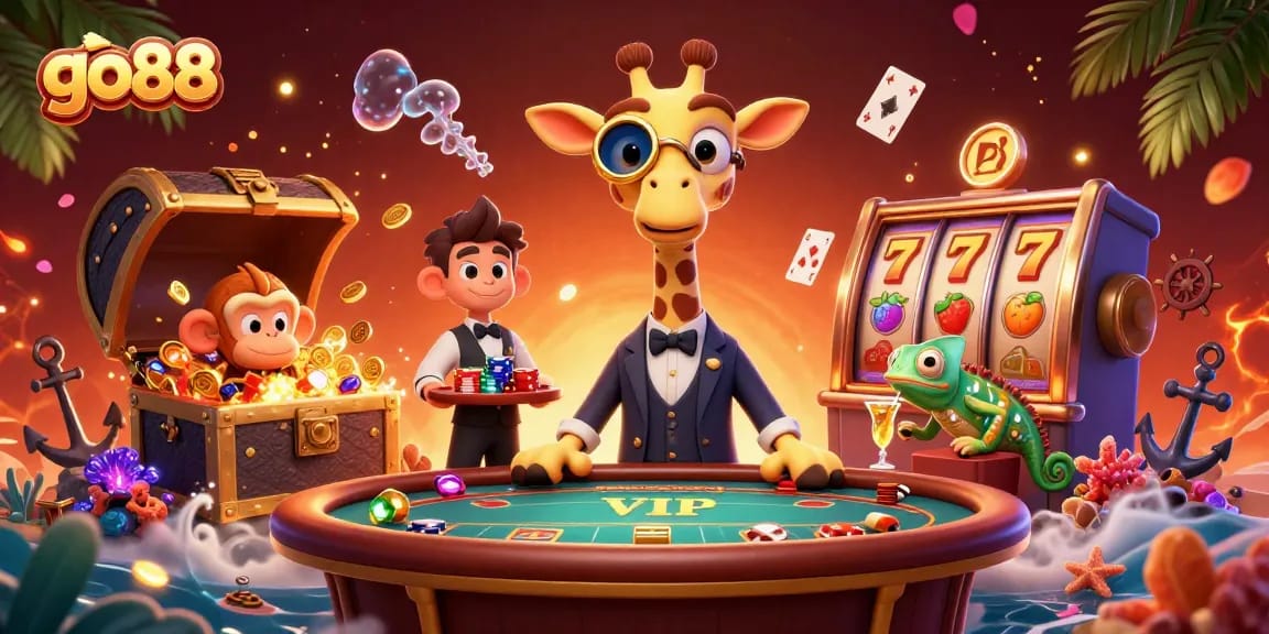 Experience excitement at go88 with high-roller giraffe, monkey valet, and chameleon bartender in a rich 3D casino scene.