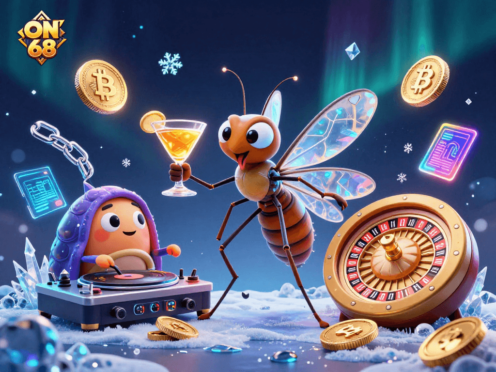 Join the fun at ON 68's dazzling casino scene with unique gambling mascots and crypto elements!