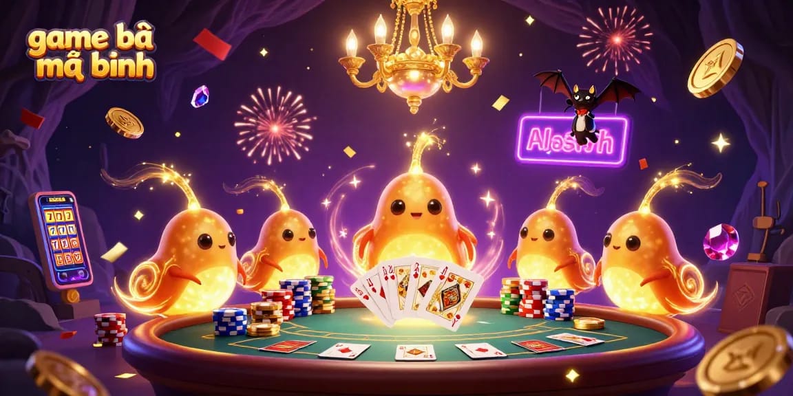 Experience game bài mậu binh with a lively casino scene featuring vibrant glowworms and a whimsical bat dealer.