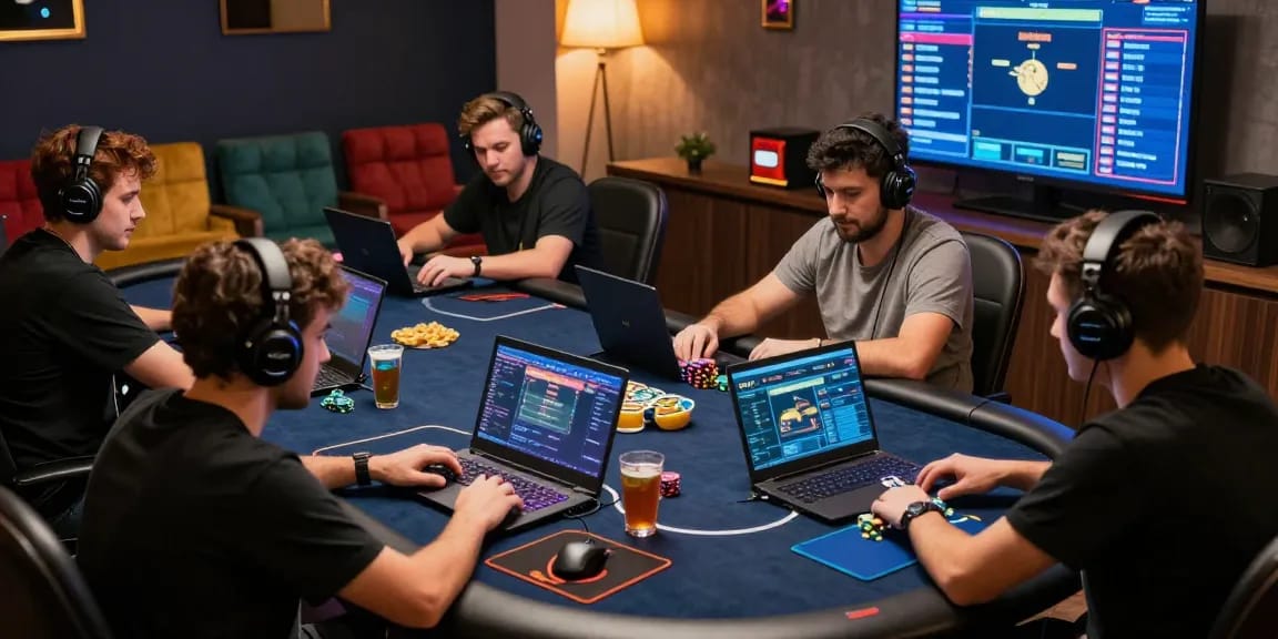 Engaging online poker session with players in a vibrant gaming lounge, showcasing Poker Idn Terpercaya.