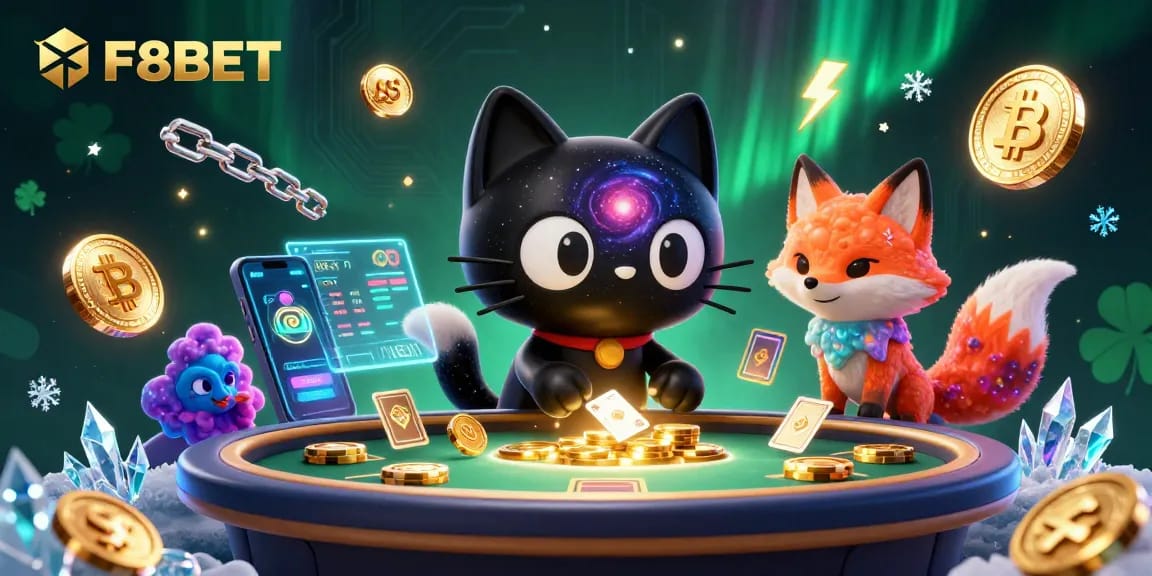 Engage in F8BET’s exhilarating universe featuring a cosmic casino scene with dynamic characters and crypto elements.