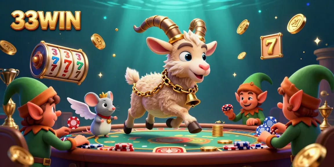 33WIN engages players with a lively casino scene, showcasing playful characters and jackpot excitement.