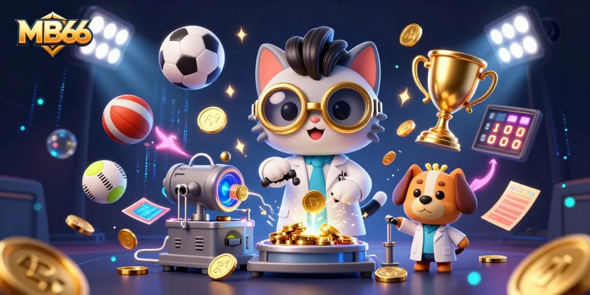 Engage with MB66's exciting casino theme featuring animated scientist cat and sports elements.