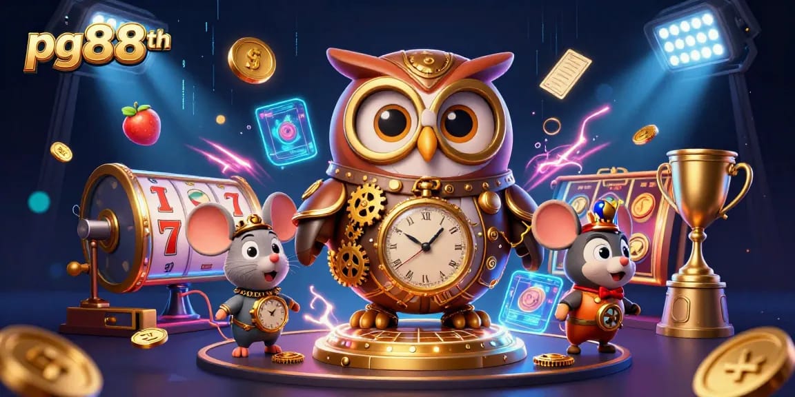 Engage with pg88th's dynamic casino experience featuring a time-traveling owl and slot machines.