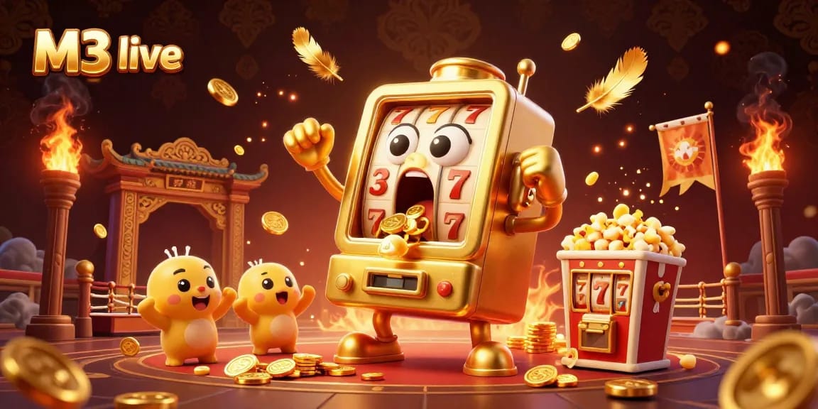 M3 live presents a vibrant 3D scene of a golden slot machine celebrating a jackpot amidst dynamic casino elements.