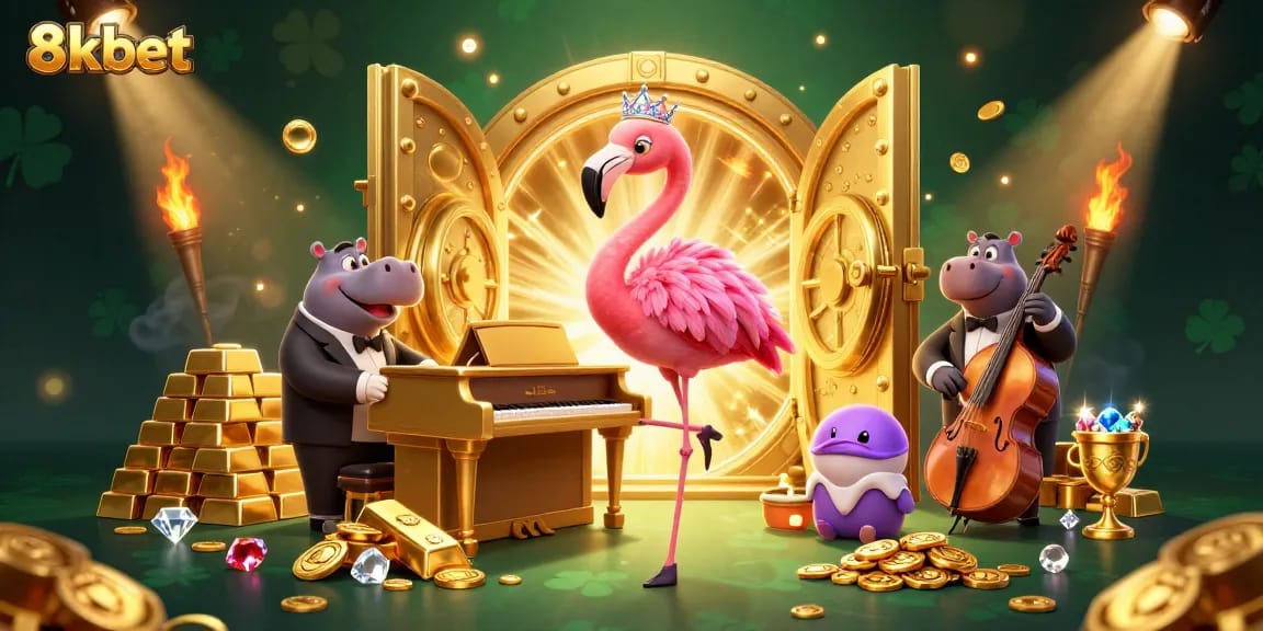 Experience the excitement of 8kbet with a vibrant casino scene featuring glamorous characters and treasures.