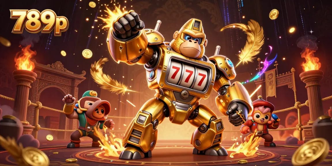 Experience the thrill of winning with 789p's vibrant casino illustration featuring a mech gorilla, golden treasures, and dynamic game elements.