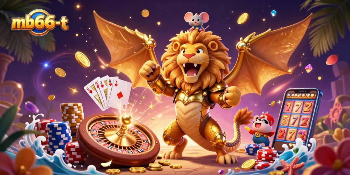 Play thrilling games at mb66-t with a vibrant 3D casino illustration featuring exciting game elements.
