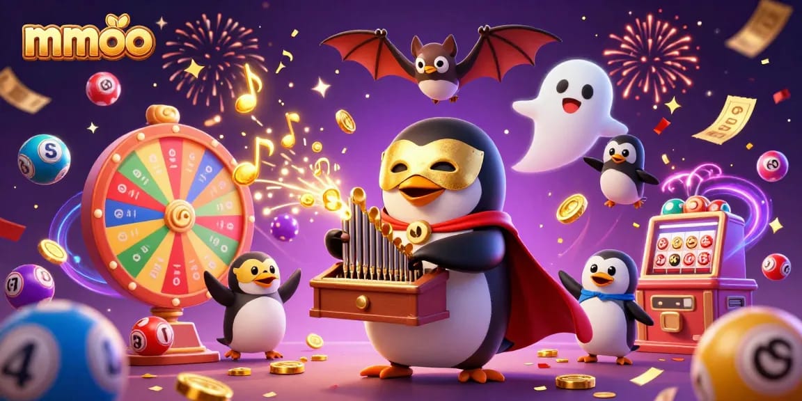 Experience mmoo's vibrant gambling action with a penguin organist, dynamic lottery balls, and celebratory effects.