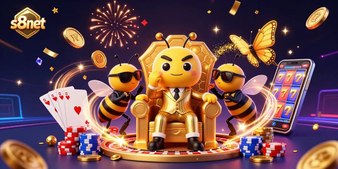 S8net offers thrilling gambling experiences with a bustling scene showcasing casino elements and vibrant characters.