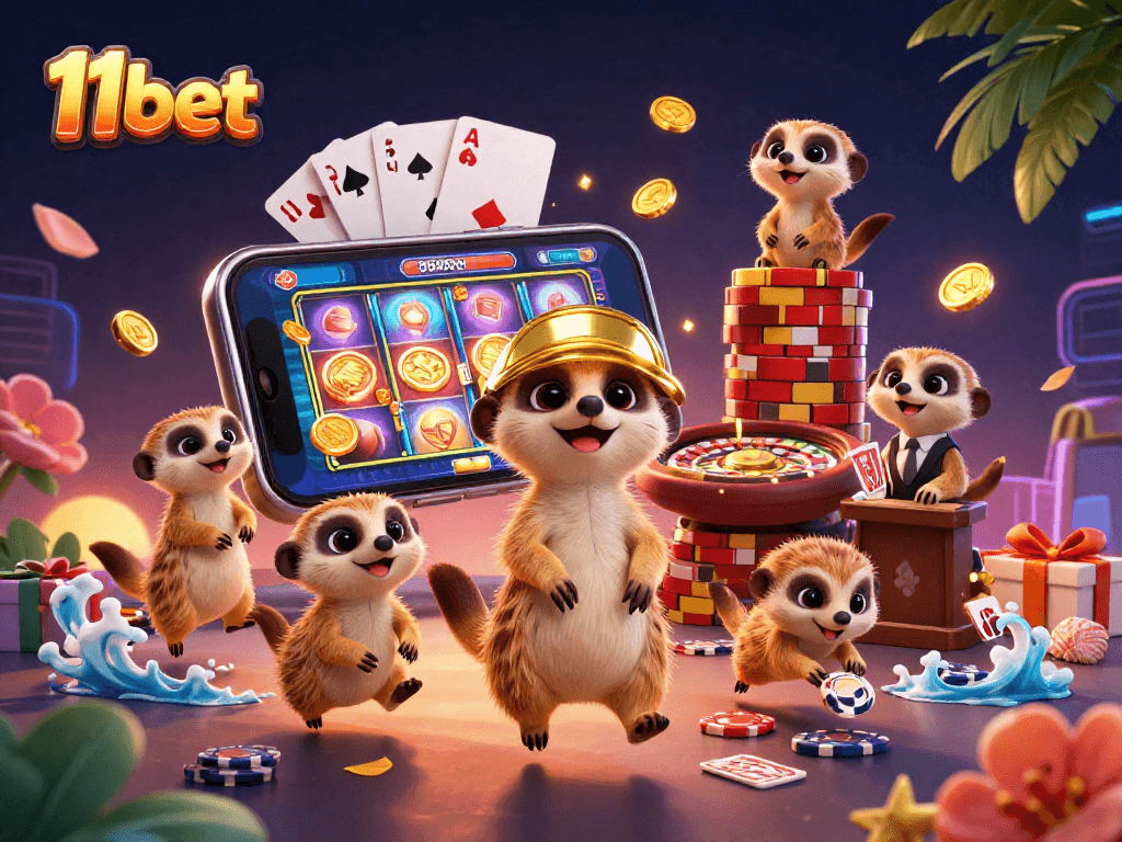 Win big with 11bet: a cartel of meerkats runs a colorful casino filled with excitement.