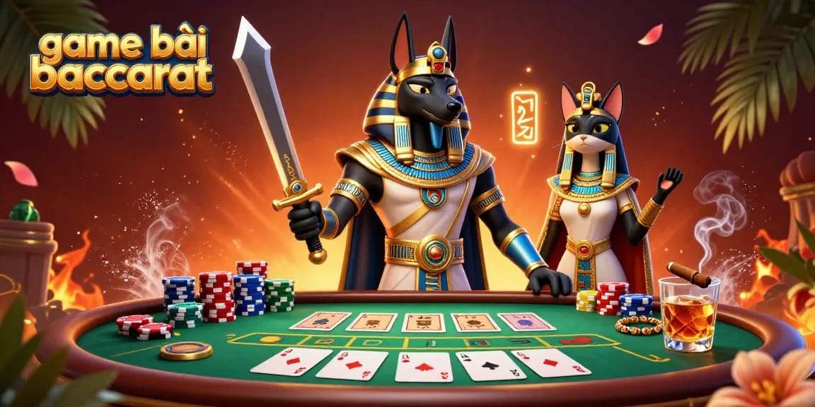 Experience game bài baccarat action with Anubis and Bastet amidst poker chips and a baccarat table.