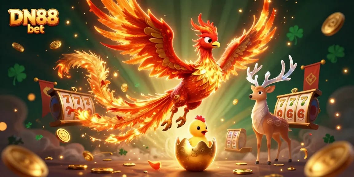 Experience thrilling DN88 bet gameplay with our vibrant 3D casino illustration featuring a phoenix and jackpot elements.
