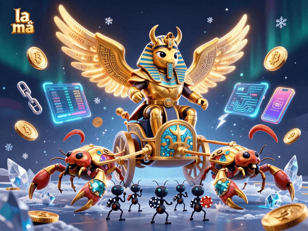 Experience the vibrant action of la mã with a colossal beetle in a casino battle, surrounded by glowing crypto coins.