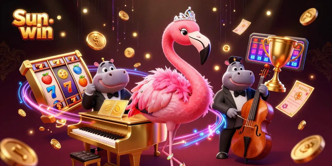 Win big at Sun win with a vibrant casino scene featuring lively characters and slots.