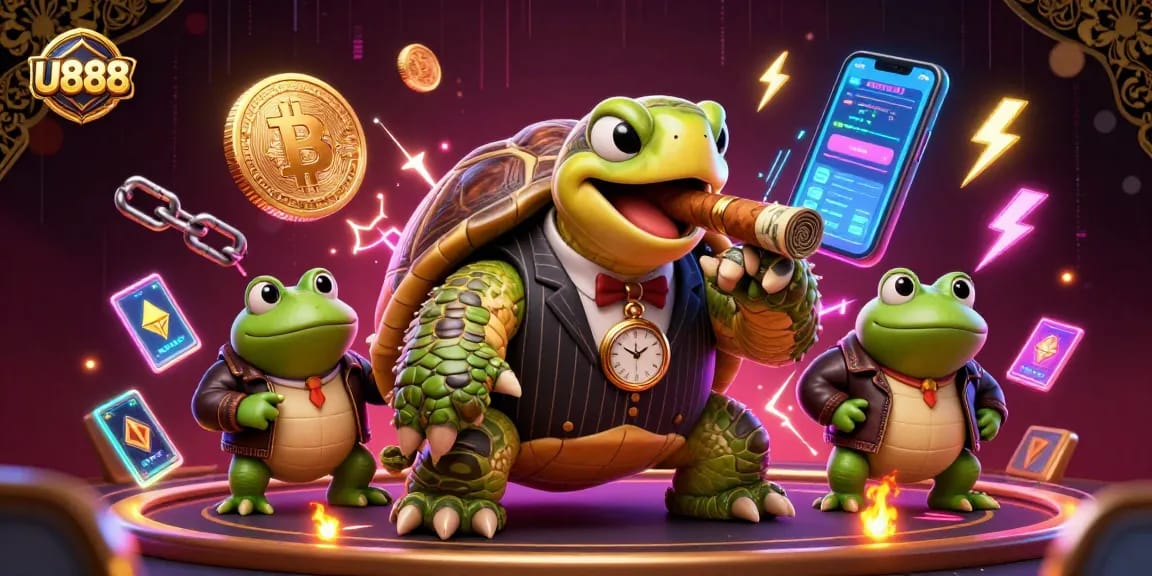 Engage with U888's vibrant casino scene featuring a snapping turtle and bullfrog enforcers amidst crypto elements.