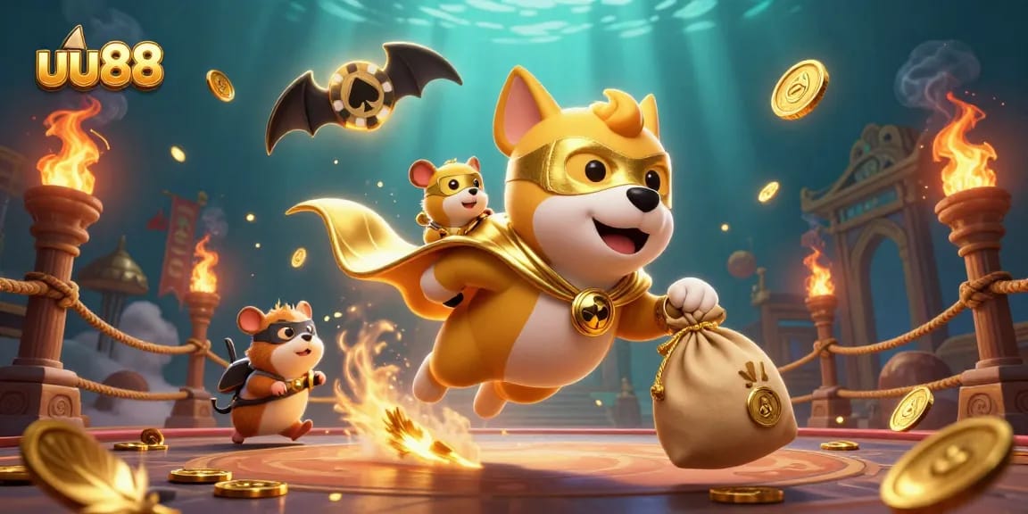 Experience the thrill of uu88 with a superhero dog in action, surrounded by dynamic casino elements.