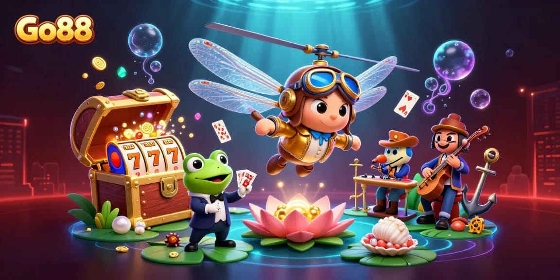 Experience thrilling gameplay with Go88's vibrant casino scene showcasing dynamic characters and captivating game elements.