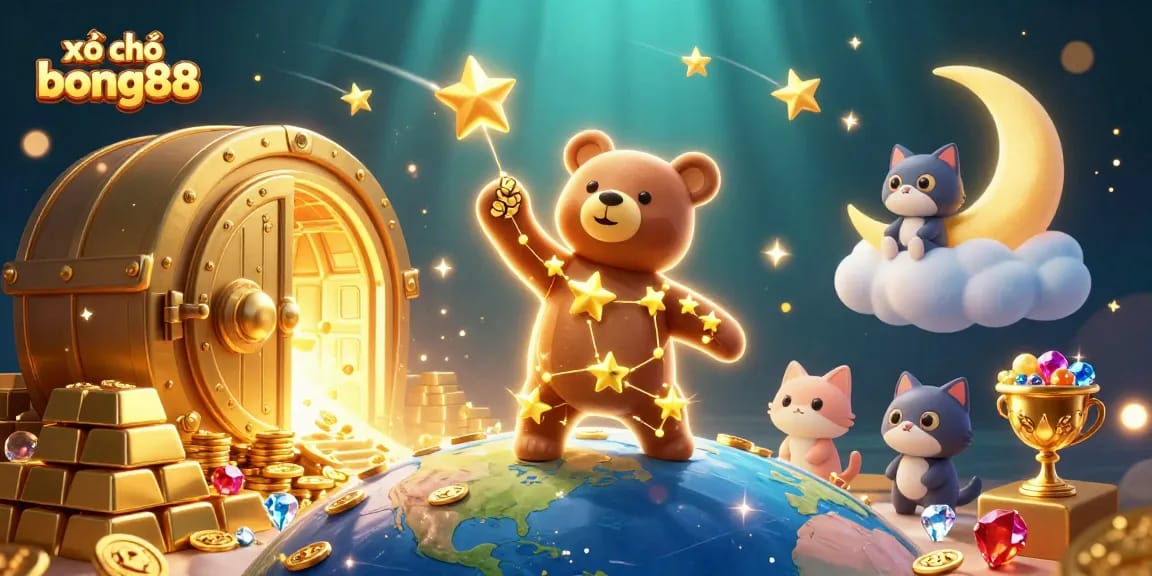 Experience the thrill of xổ số bong88 with golden treasures and lucky characters in a magical 3D realm.