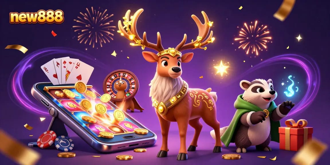 Spin to win on new888 with vibrant online slots and playful characters illuminating the scene.