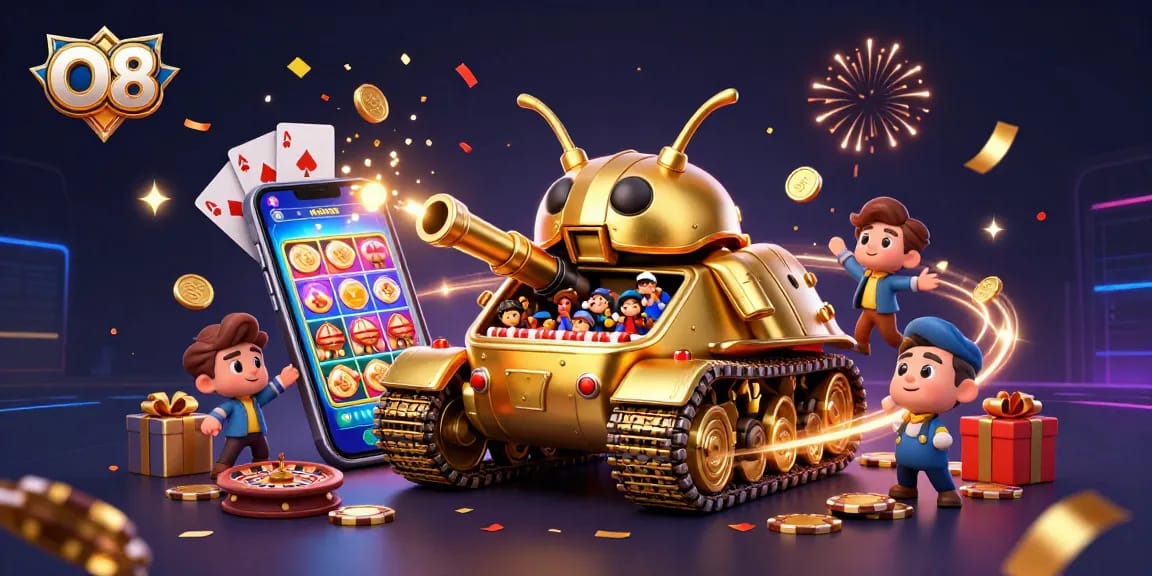 Engage with O8's immersive gaming experience through a dynamic 3D casino tank illustration.