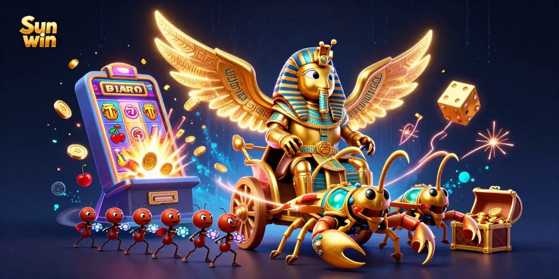 Engage with Sun win's thrilling games, featuring a vibrant display of slot machines and casino characters.