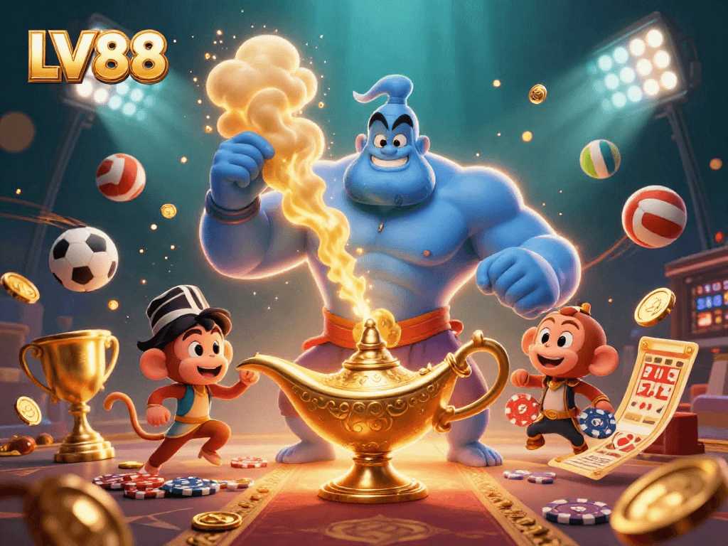 Experience thrilling gaming at LV88 with energetic characters and vibrant casino elements.