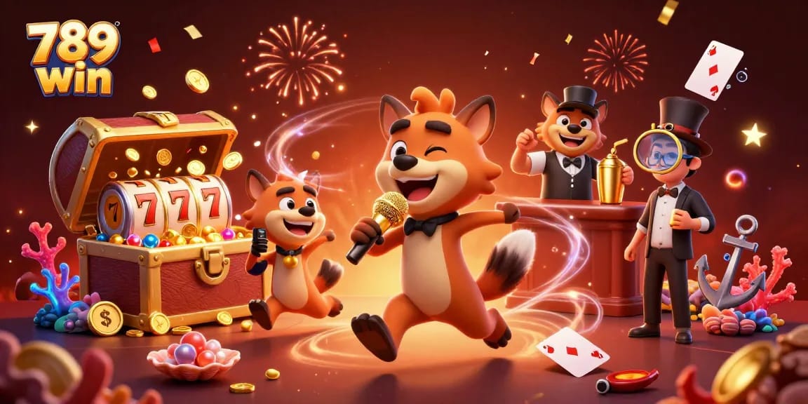 Play and win big at 789 win, featuring a vibrant casino scene with animated hyenas and thrilling games.