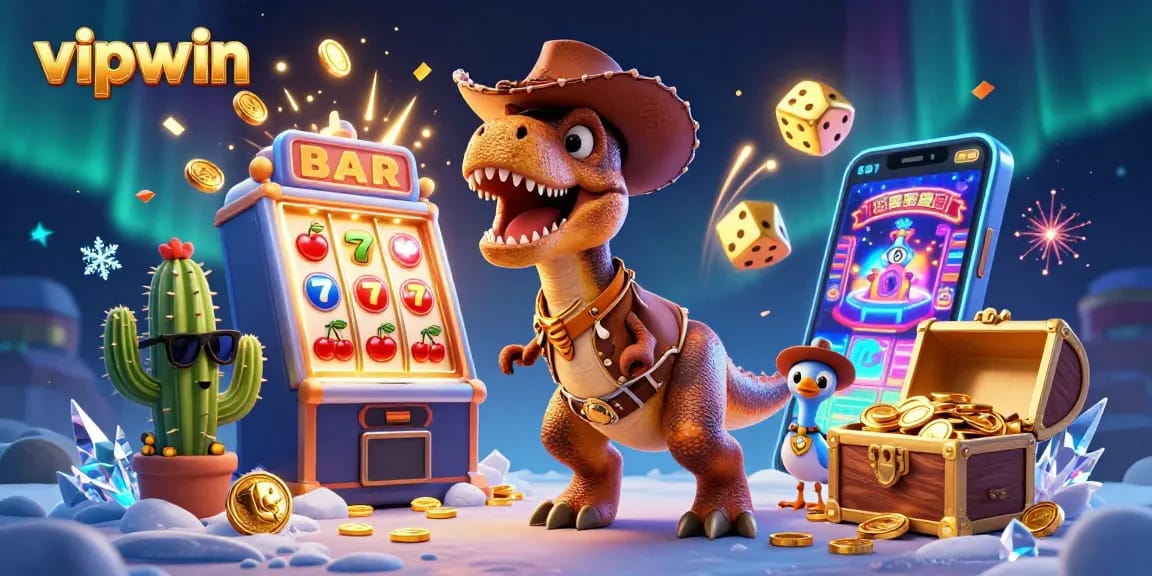 Win big with vipwin at the lively casino scene featuring a cowboy dinosaur and exciting slots.