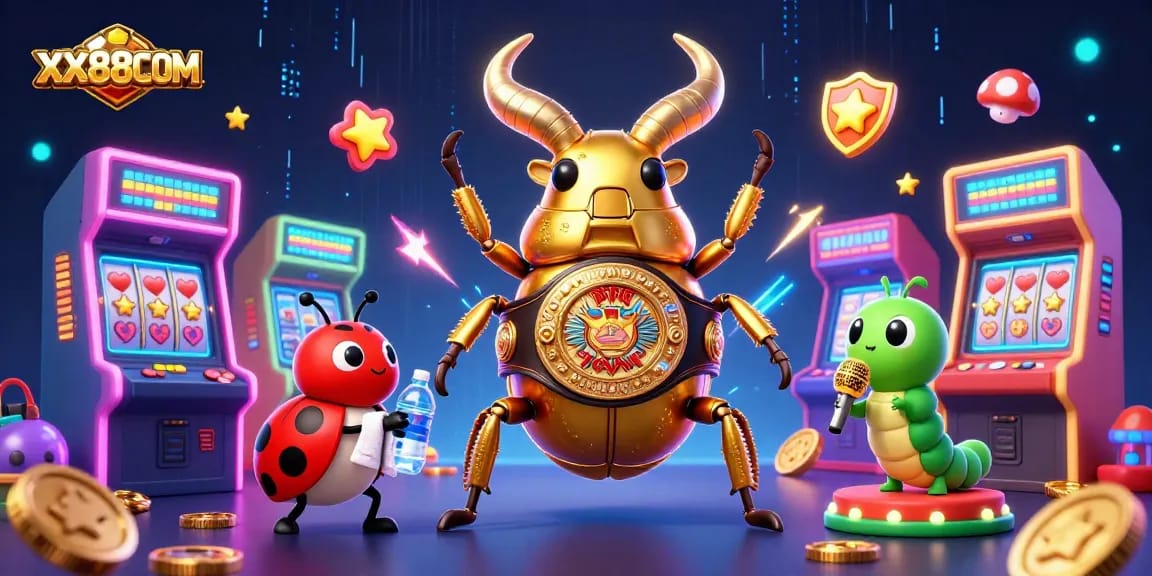 Engage with exciting games at XX88COM, highlighted by a vibrant casino scene featuring unique characters and gaming elements.