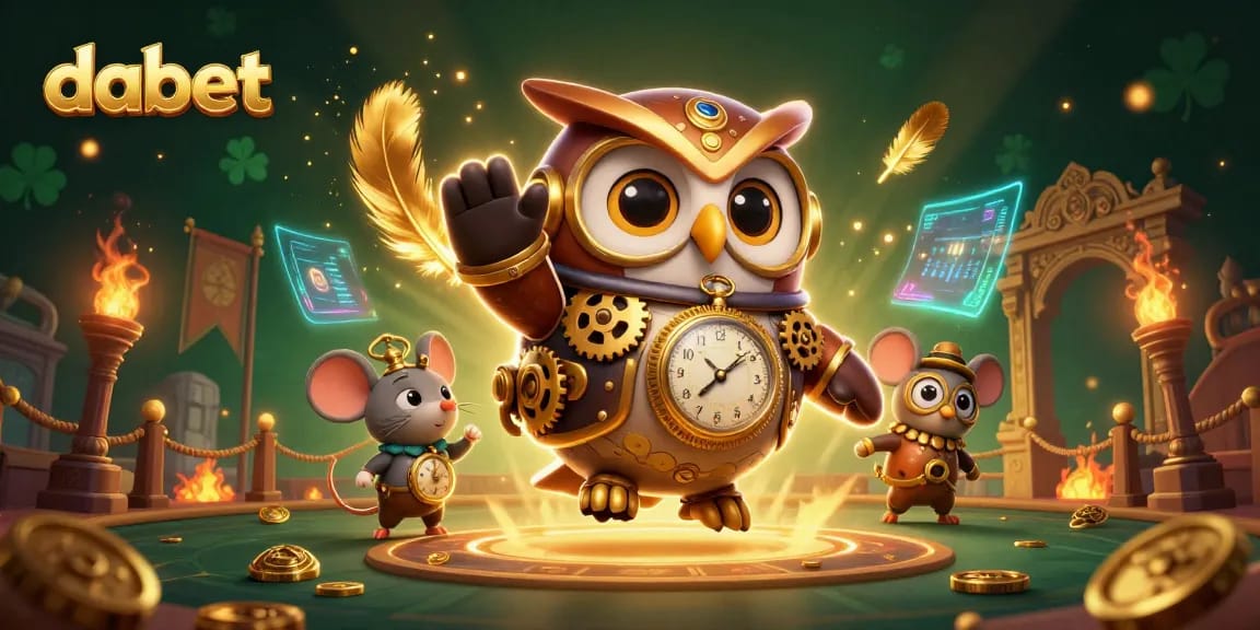 dabet presents a thrilling gambling scene with a time-traveling owl navigating a steampunk casino universe.