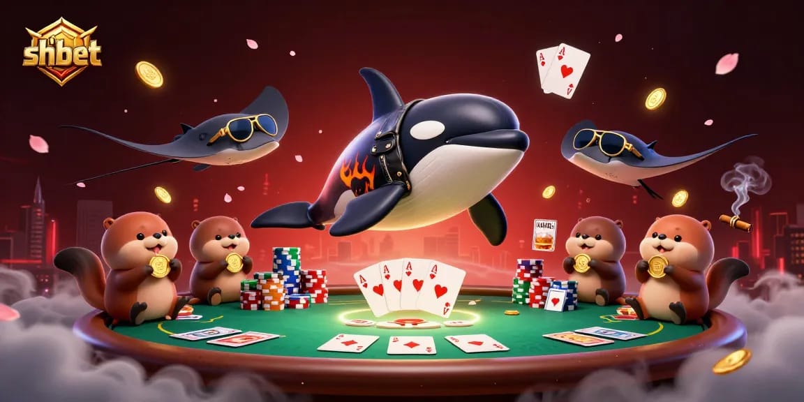Engage with shbet gaming excitement featuring orca, stingray, and otters in a vibrant casino scene.