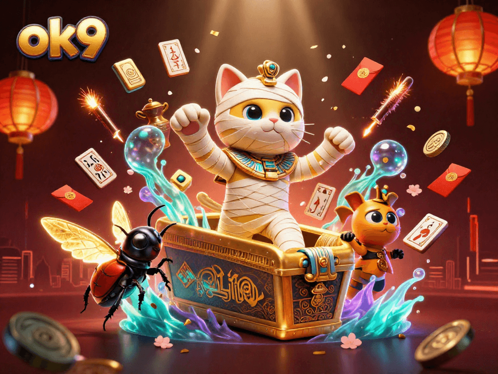Experience thrilling gameplay with ok9 as the Egyptian mummy cat and golden scarab beetle bring fortune to life.