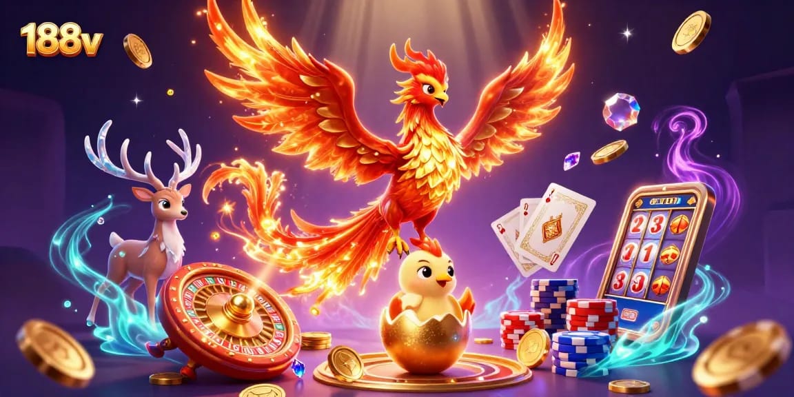 Experience the thrill of 188v with a vibrant scene featuring phoenixes and vivid casino elements.